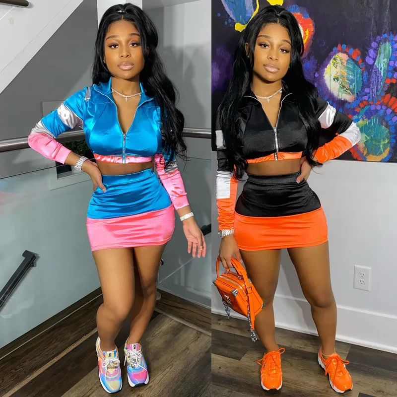 
Dvacaman 2021 New Arrivals Casual Splicing Bodycon Long Sleeve Crop Tops and Slim Skirts 2 Piece Set Summer Women Clothing Dress 