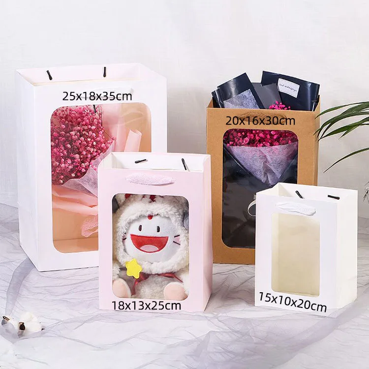 Wholesale Clear Flowers Packaging Paper  Bag Luxury Gift Bags With Transparent Window For Wedding Gift Bags With Ribbon handles