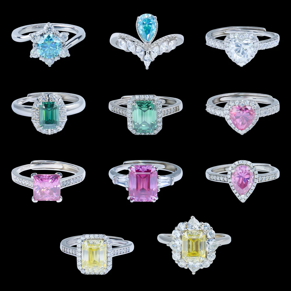 925 silver bling engagement green yellow blue pink pear emerald princess heart diamond mossanite moissanite rings for women