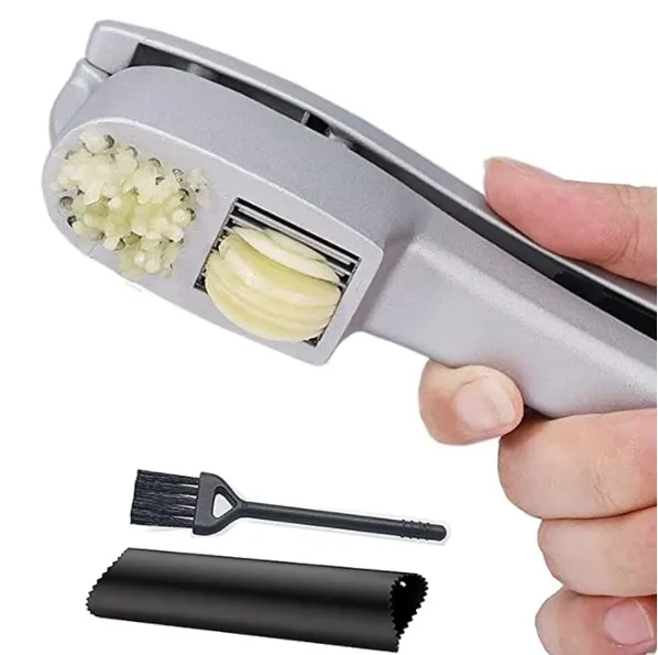 Garlic Press,2 in 1 Garlic Mince and Garlic Slice with Garlic Cleaner Brush and Silicone Tube Peeler Set.Easy Squeeze,Rust Proof