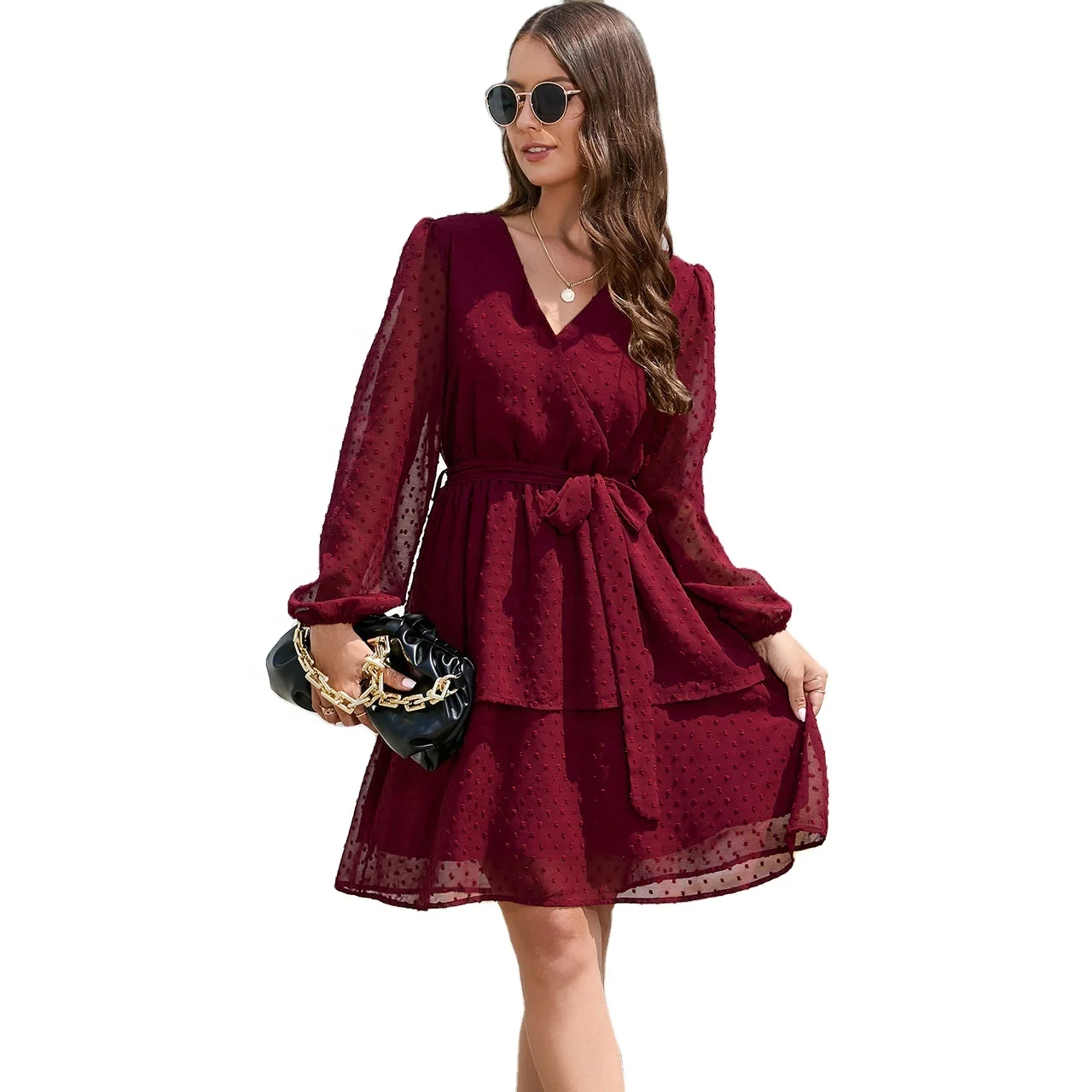 Chiffon V-neck Skirt Lantern Long sleeved Cocktail Party printed dress fabric Dress Support clothing manufacturers custom
