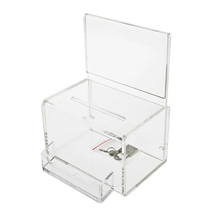 Custom Clear Acrylic Donation Box With Lock Acrylic Ballot Box With Business Card Pocket