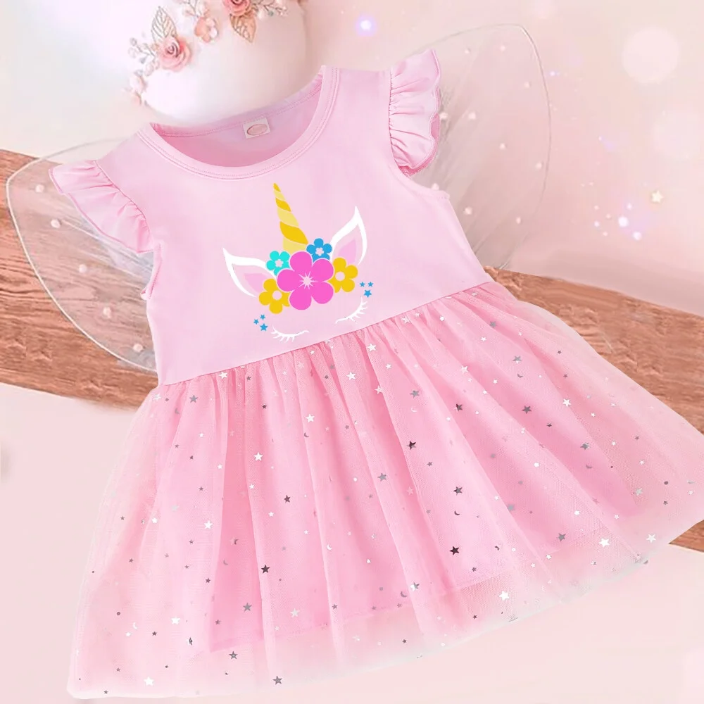 jiangkao Red Flower Baby Dress Unicorn Girl Dress Sleeveless Ruffles Birthday party  Tutu Dress  Summer Pink Star Costumes