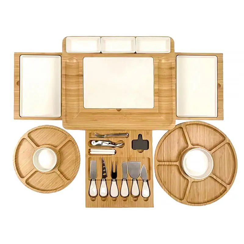 Durable Bamboo Cheese Charcuterie Board Set with Marble Meat Food Plate Gift Set With Slide-Out Drawer Knife
