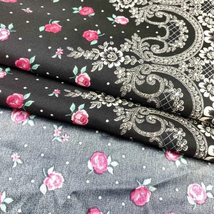 Wholesale price per meter lightweight flower design black one side satin blend 97 polyester 3 spandex fabric for apparel