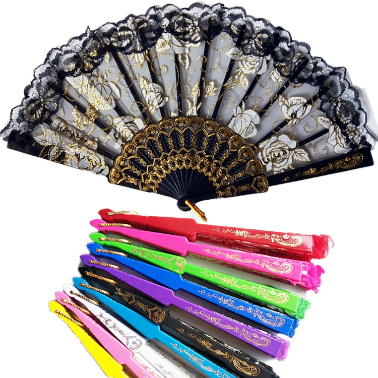 Hot Selling Lace Folded Bamboo Dance Hand Fan Chinese Style Lady Plastic Lace Fan