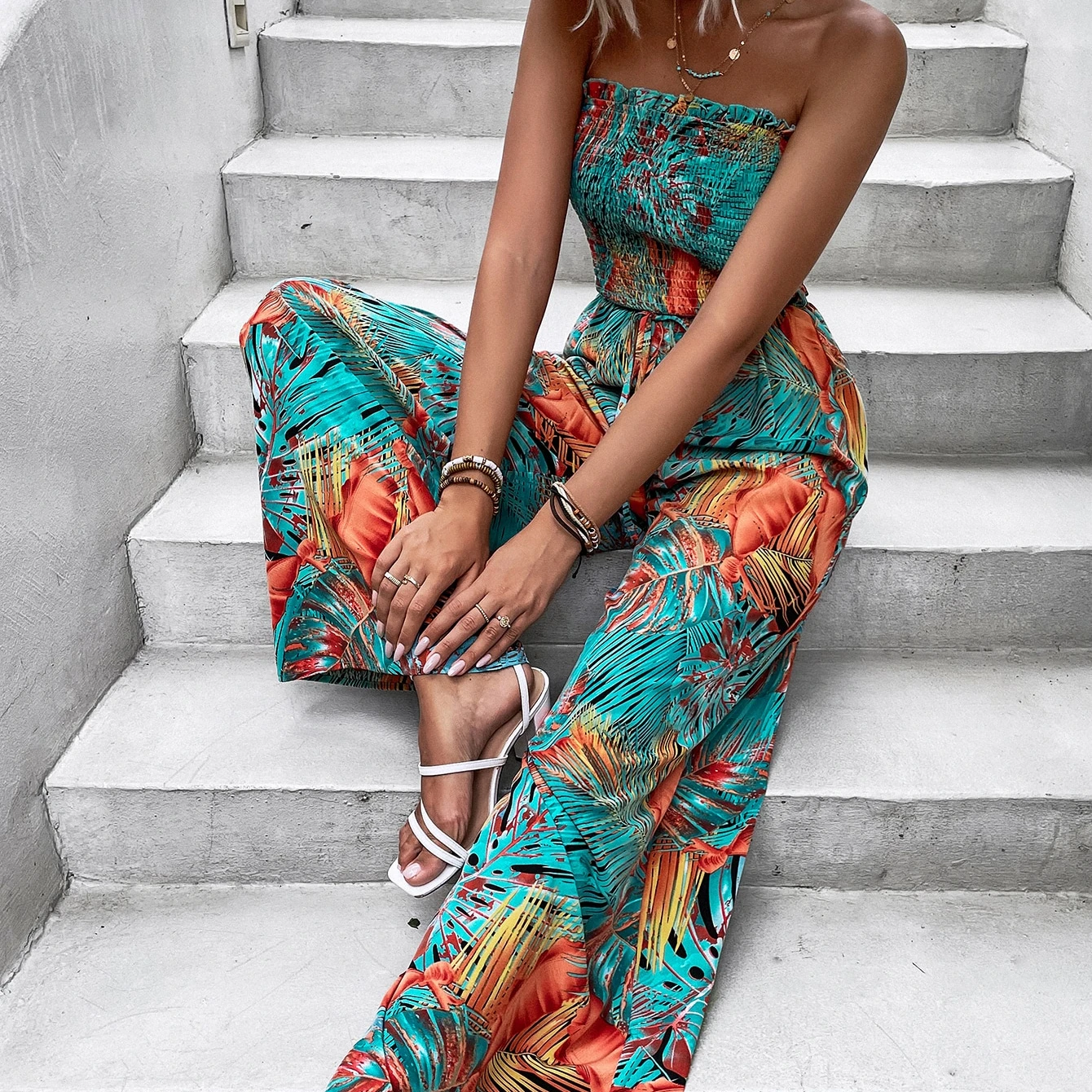 2022 New Summer Women Print Shirred Belted Tube Jumpsuit Backless Sleeveless Wide Leg Custom Elegant Lady Jumpsuits For Women