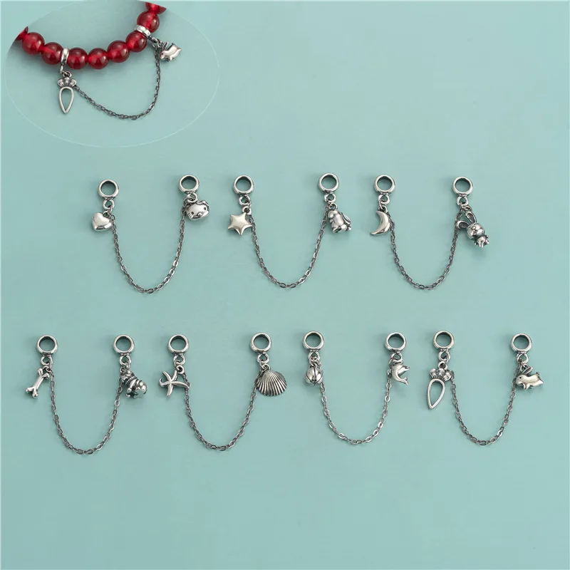925 Sterling Silver Antique Silver Starfish Seashells Moon Star Rabbit Animal Double Pendant Chains Charm For Bracelet Fittings