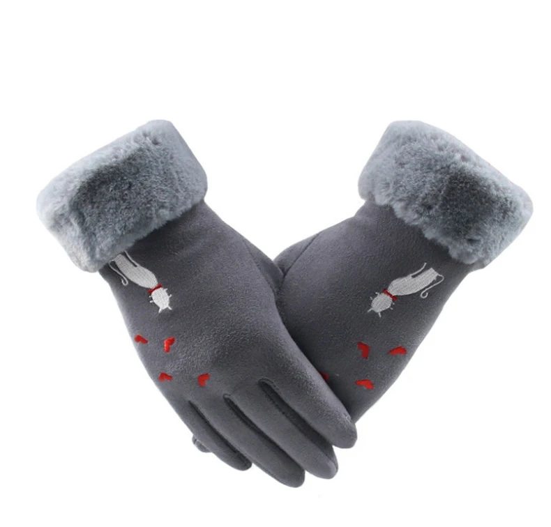 
D1784 Wholesale 2019 Winter Women Warm Loving Heart Cat Suede Fabric Touch Screen Gloves 