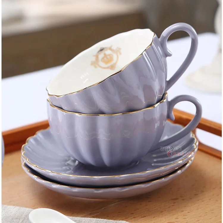 Good Quality Creative Candy-Colored Gold Rim Ceramic Coffee Set Mug Cup Saucer Pot Milk Jug Sugar Bowl Tea Set