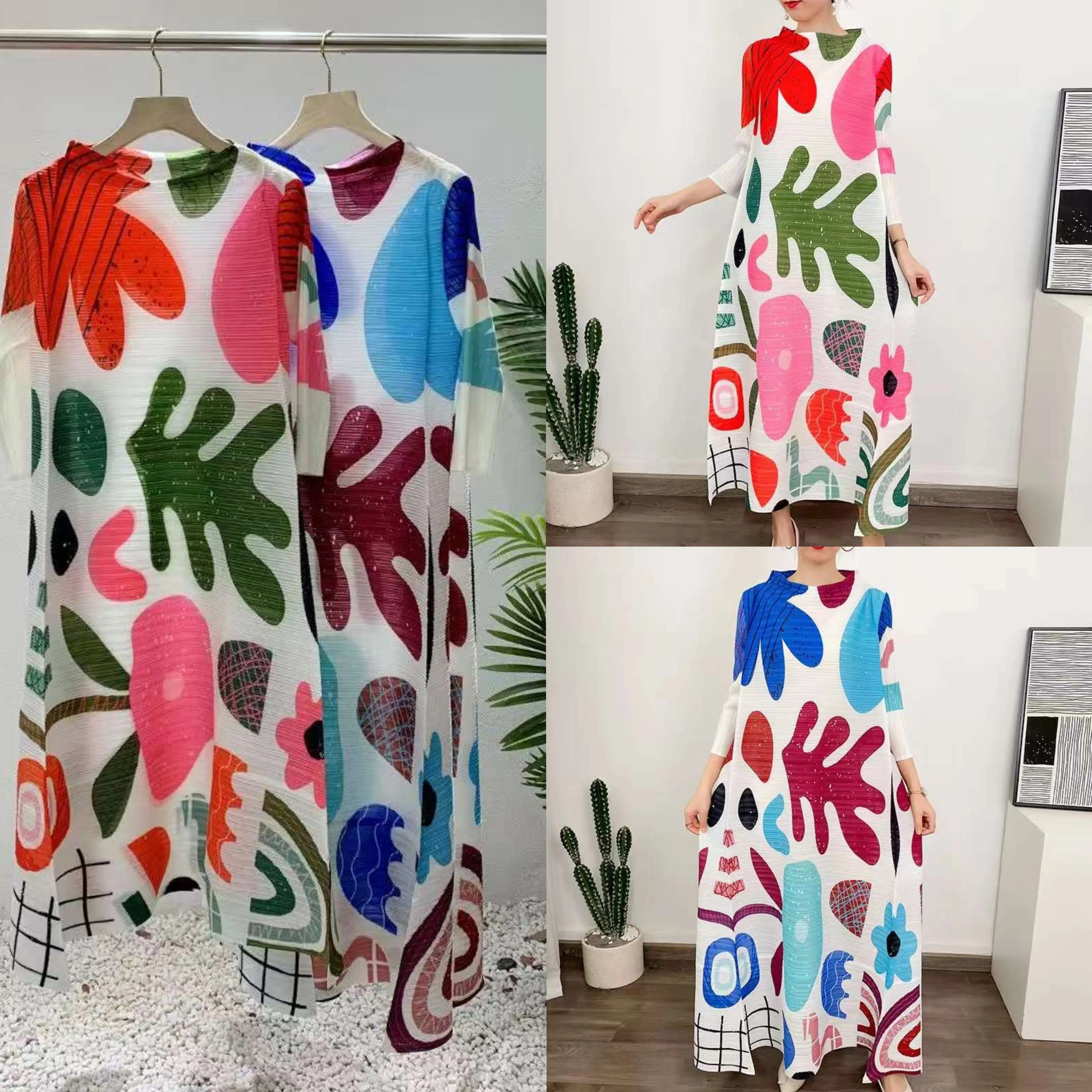 2023 Spring Miyake Latest Plant Floral Style  Casual Wrist Sleeves Pleated Plus Size  Women Dress Clothing