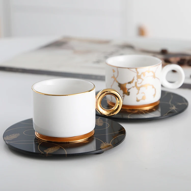 Designer round handle gold marbling white custom cups and saucer set ceramic coffee latte espresso porcelain cup