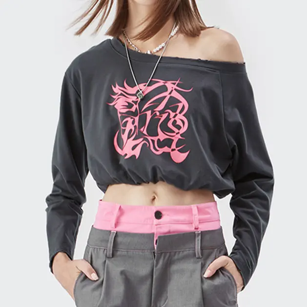 Inflation Girl Korea Fashion Hot Summer Sloping Shoulder Tshirt Top y2k Long Sleeve T Shirt