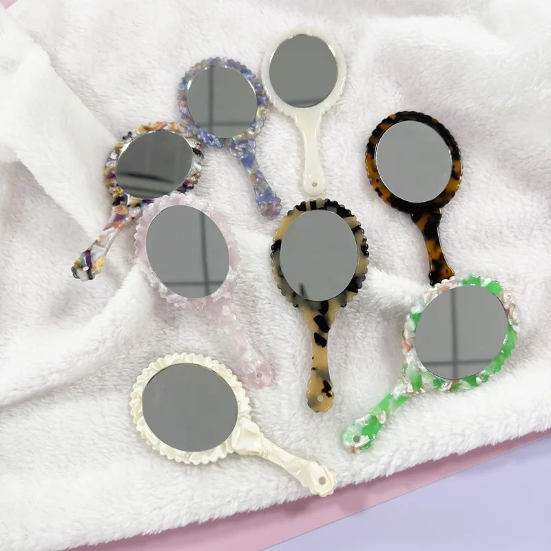 Fashion Retro Cellulose Acetate Mirror Plate Oval Flower Shape Portable Makeup Mirror Long Handle Tortoise Shell Pocket Mirror
