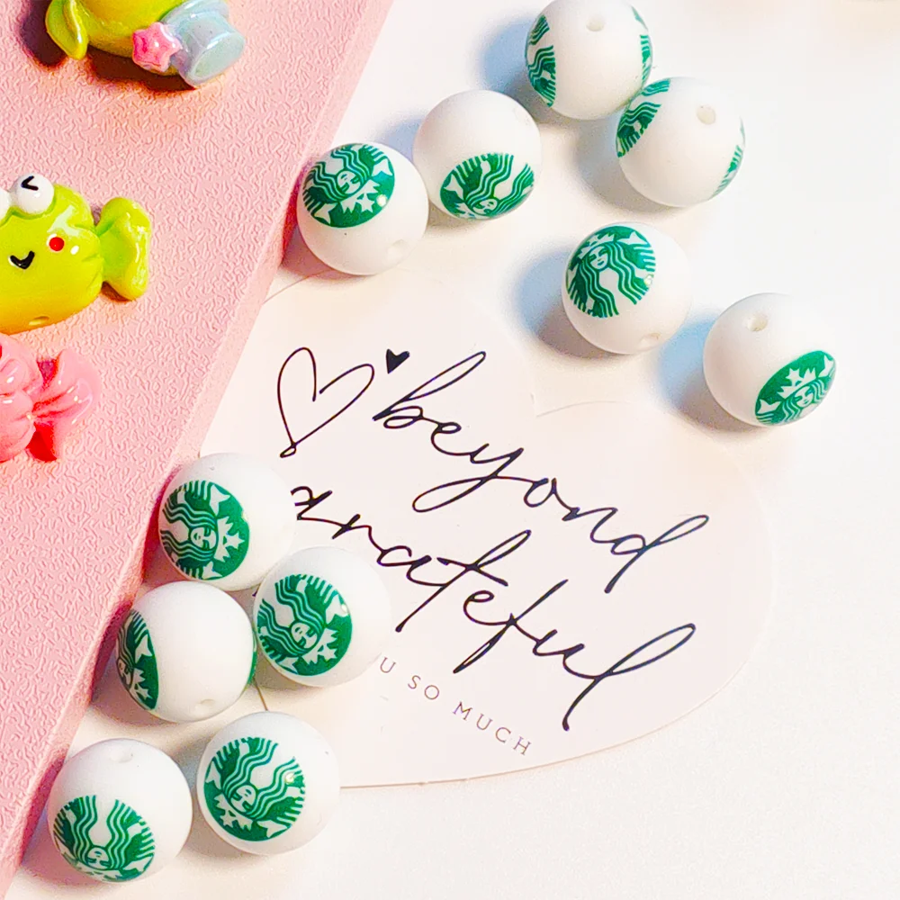 Popular Food Grade 15mm Designer L CC Star Bk Coffee Print Chewing Silicone Focal Beads Silicone Printed Beads For Pen Making