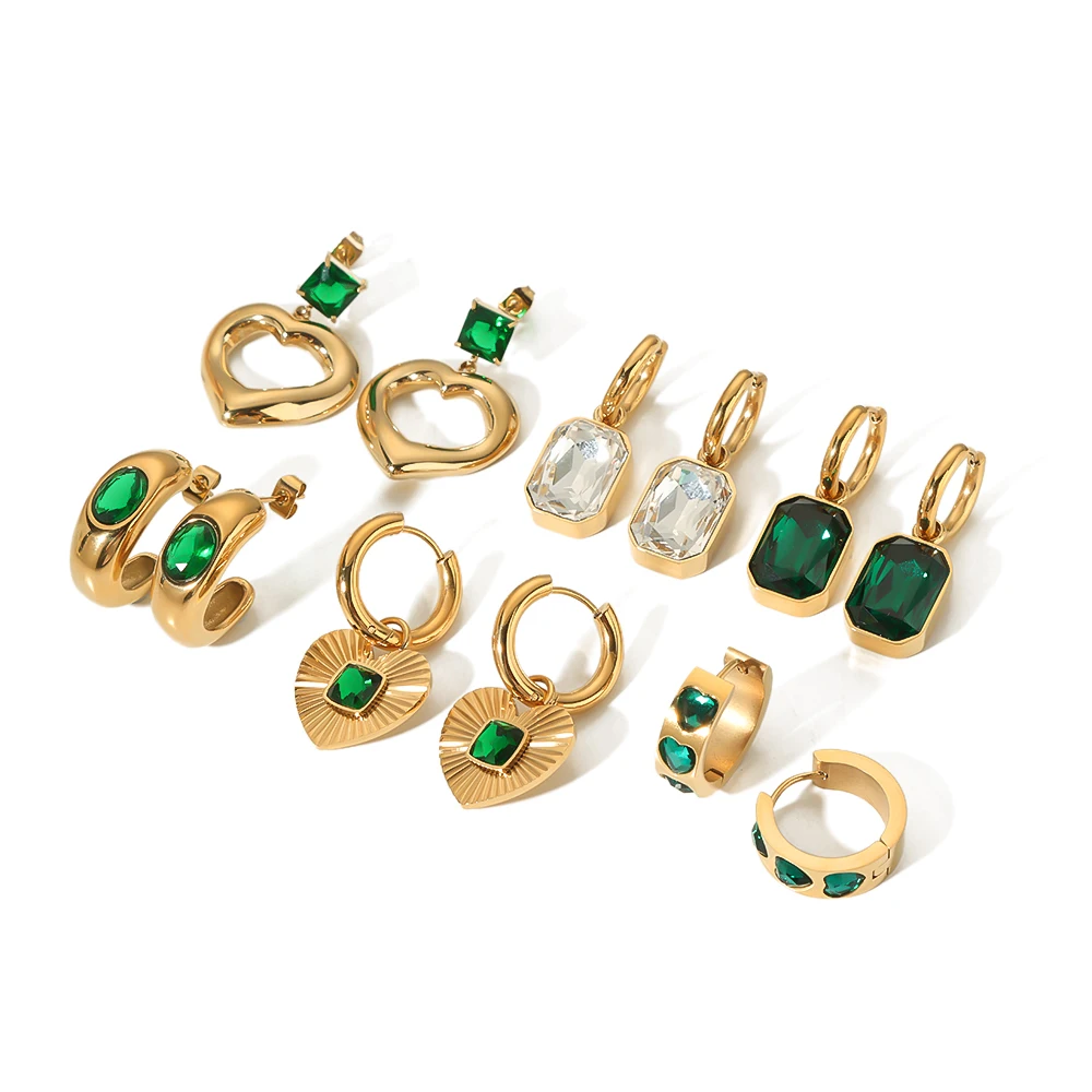 Best Selling  Titanium Steel 18K Gold Plated Color Waterproof Zircon Hoop Earrings Green Emerald Cut Diamond Jewelry Earrings