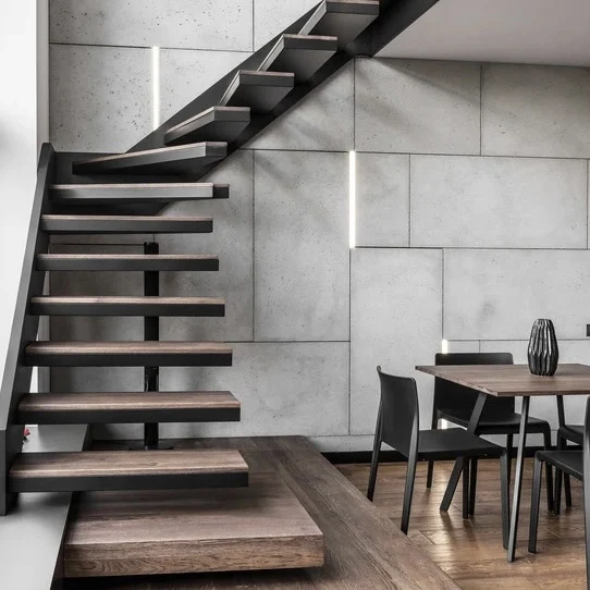 New innovation metal steel interior floating stair L shape steel wood staircase design glass railing cost