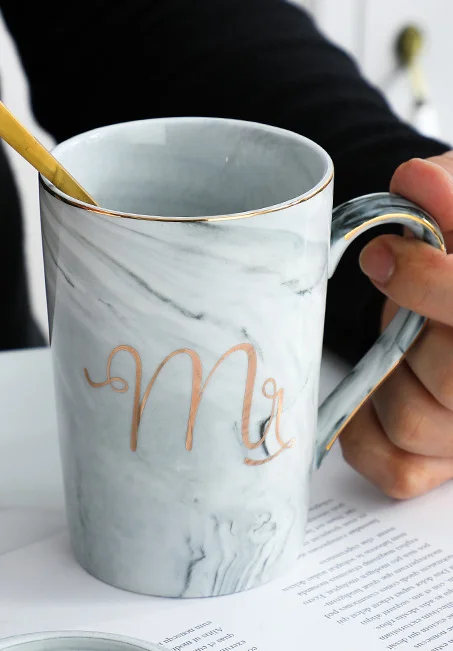 14oz Pink Grey  Mr Mrs Souvenir Wedding Gift Couple Lover Reusable Ceramic Marble Coffee Tea Mug