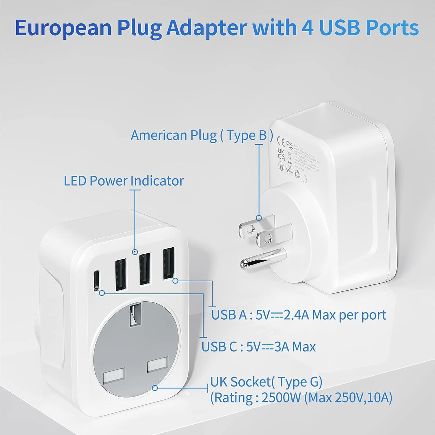 Reisende New Smart UK TO EU US GER UK Travel Plug 3USB-1 Type-C-1Socket One-turn Multi-extension Wall Socket