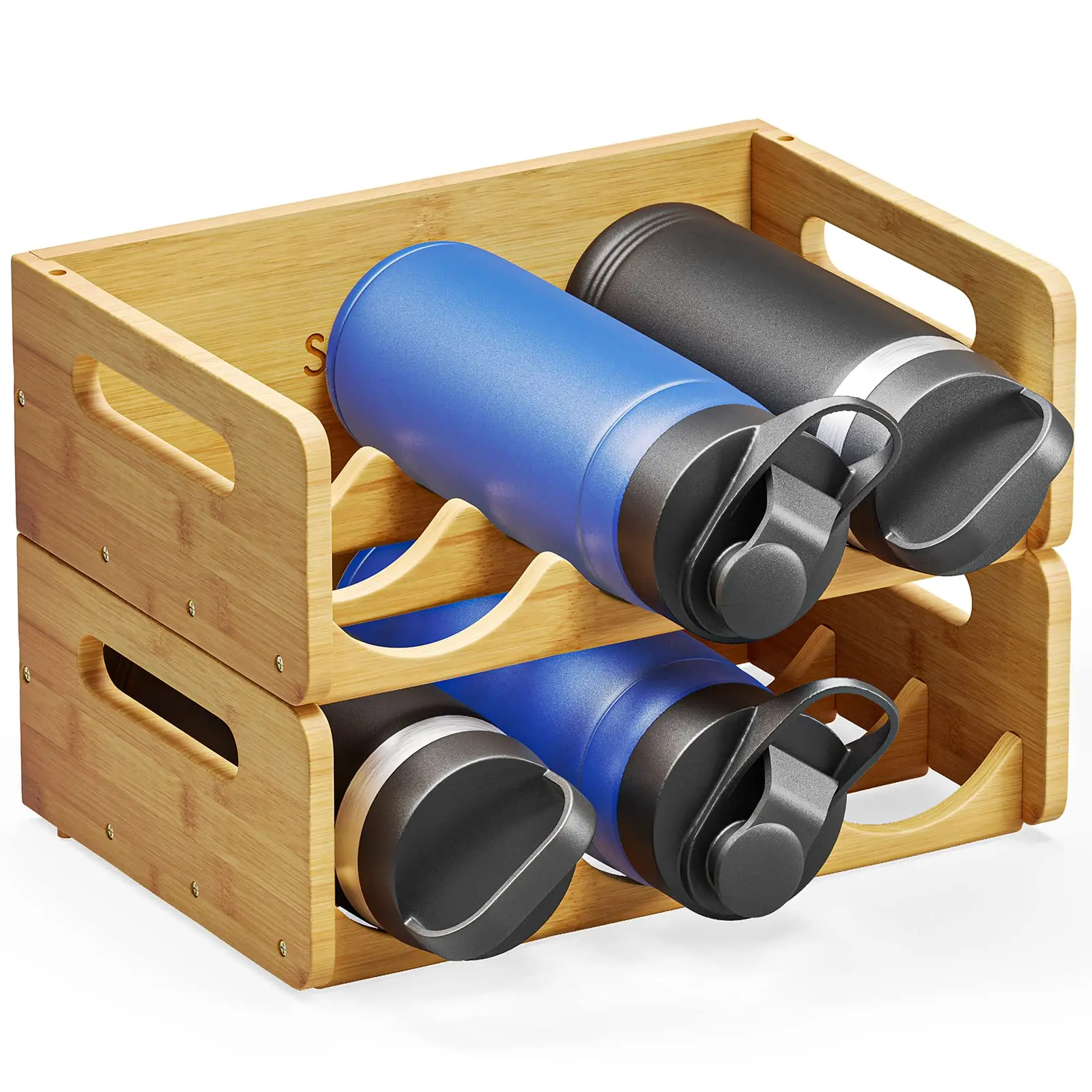 Bamboo Water Bottle Organizer with Labels for Kitchen and Pantry, Storage Rack for Cabinets, Home Cup and Wine Bottle Holder