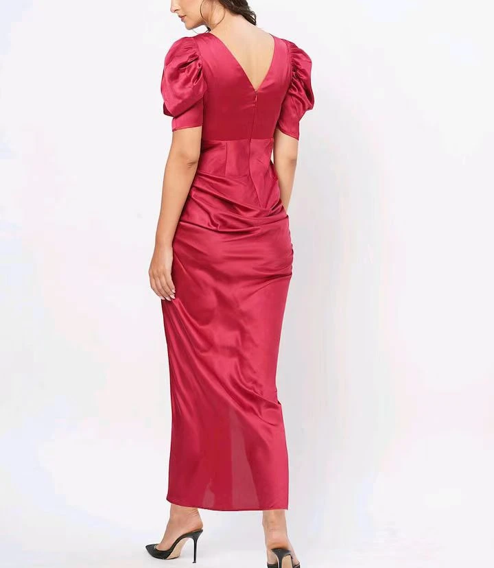 Supplier Custom 2024 Latest Designs Satin Puff Sleeve Long Dress Women Woven Fabric Natural Waistline Pattern Simple Fits