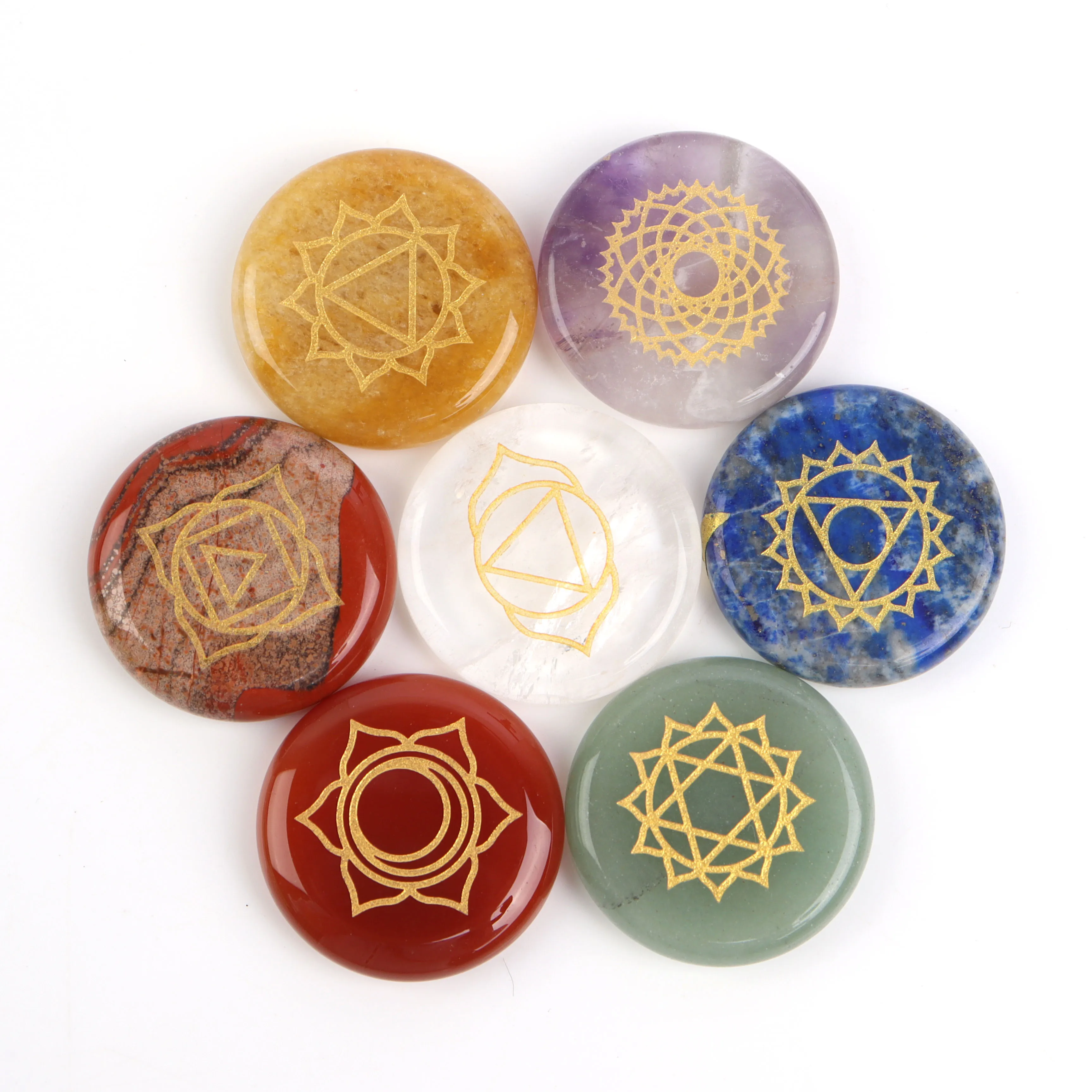 Оптовая продажа, набор серебряных 7 Чакр рейки, набор с гравировкой полированного лечебного кристалла, 7 Чакр рейки, каменные наборы