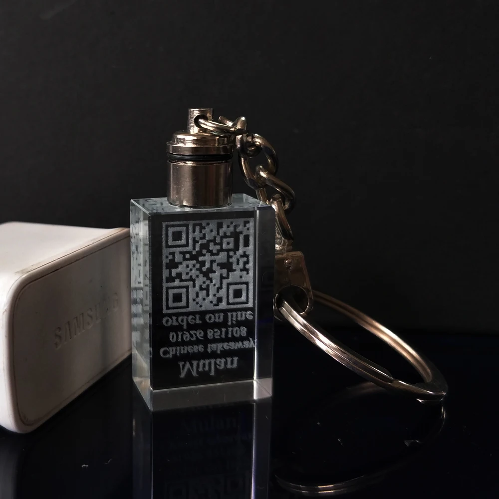 Квадратный прямоугольный брелок-держатель QR-кода с лазерной внутренней отделкой из хрустального стекла, рекламный сувенир, подарок