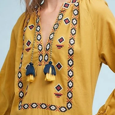Стильная туника женское платье желтое с вышивкой длинным рукавом женские свободные платья горячая Распродажа одежда повседневные миди Stb-0701 Мексика