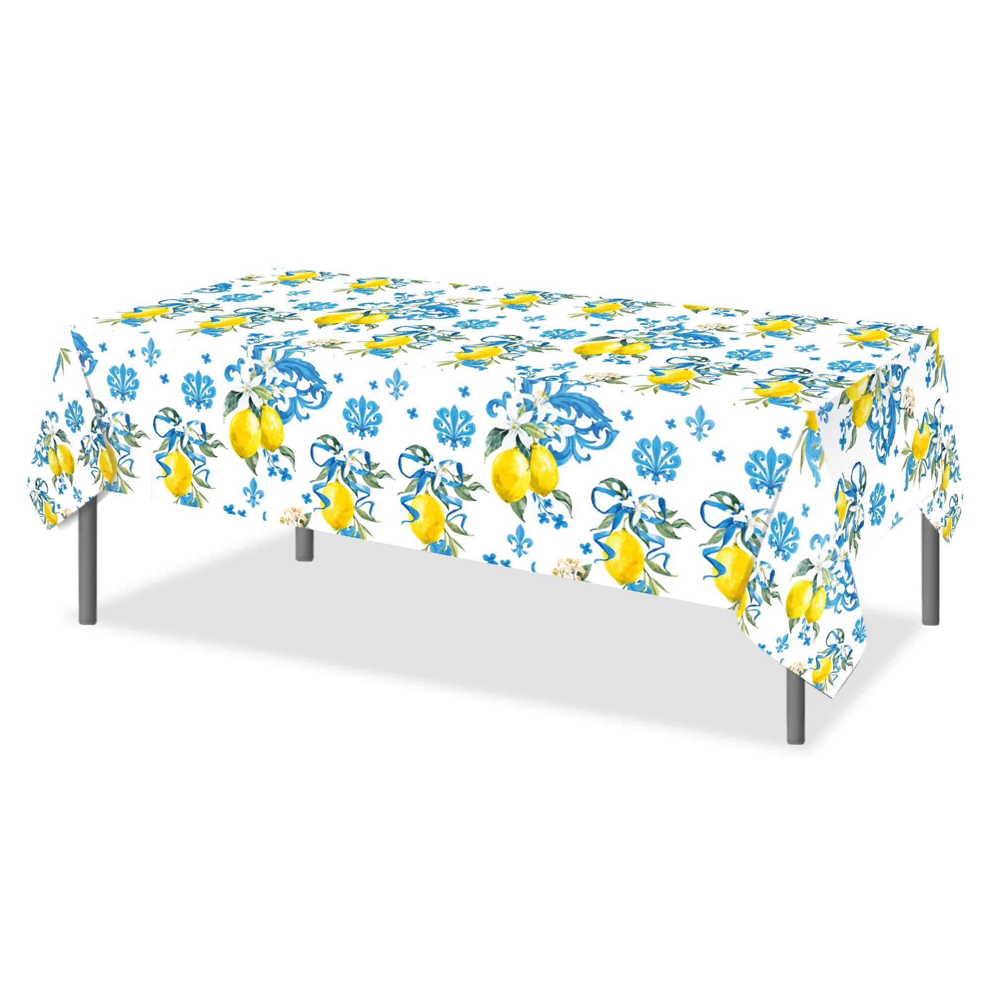 ZB300 Blue and white Porcelain Yellow Lemon Print Party PE Disposable Tablecloth Plastic Table Cloth for Birthday Party Supplies