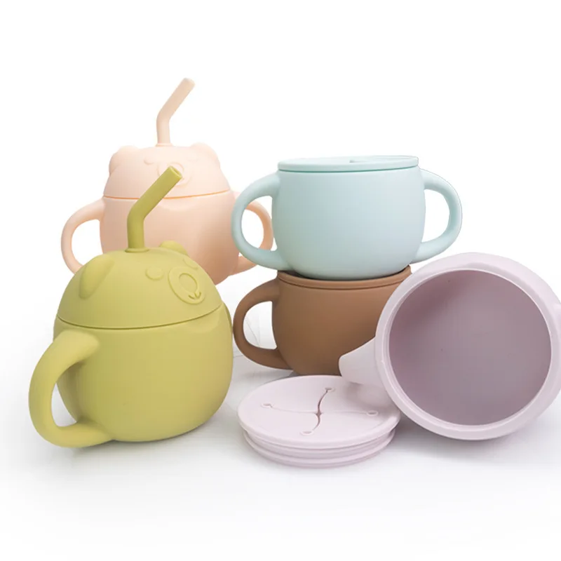 2-in-1 Silicone Training Cup, Baby Sippy Cup with Straw & Snack Lid for 6 months+ Break Resistant, Toddler Smoothie Cup
