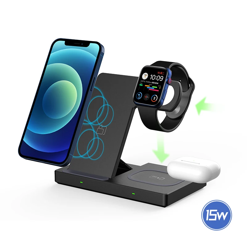New arrival Cellphone Fast Optional Watch Wireless Charger,3 in 1 Wireless Charging Station for phone earphone wireless charging