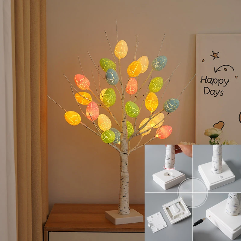 Warm White Lighted Birch Tree Tabletop Artificial Branch Tree Lamp With 24 Easter Eggs LED Bonsai Tree Light For Easter Party