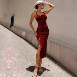 2022 summer Stock Double Lace Up Hem split Metallic Red Velvet Bodycon Dress