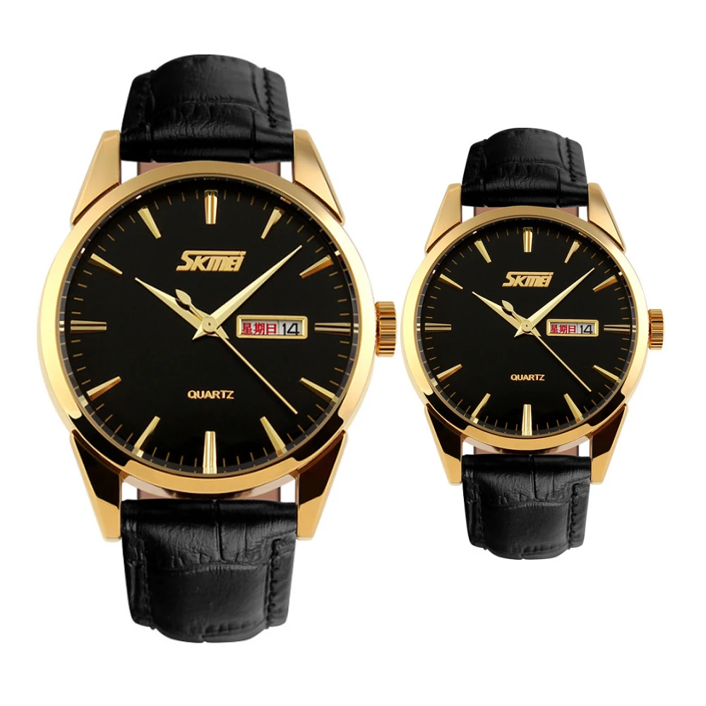 Skmei 9073 genuine leather couple wristwatch zinc alloy case business couple quartz watch for lovers Reloj de pareja