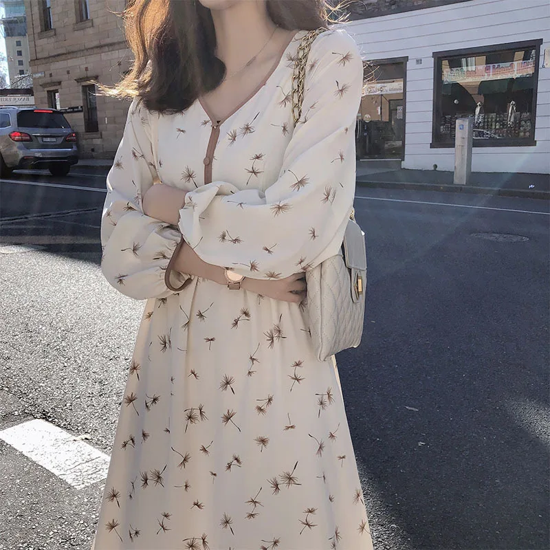 Vintage Floral Printed Dress Women Long Sleeve Dress Casual Shirt Dresses Robe Summer Korean Style Chiffon Shirt
