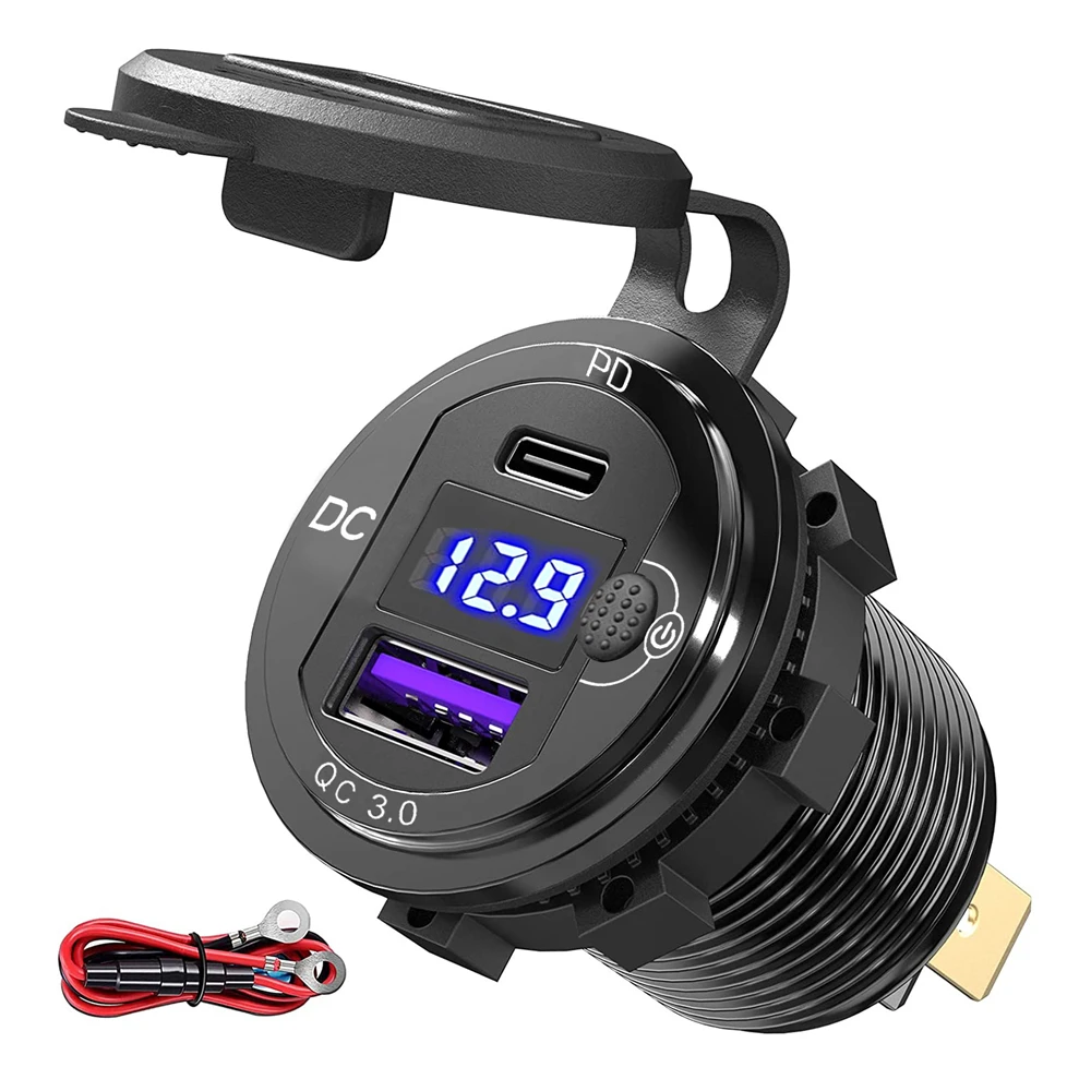 Metal Digital Voltmeter Waterproof Motorcycle 12V 2 USB Car Charger Socket Type C PD QC3.0 USB Socket With ON OFF Switch