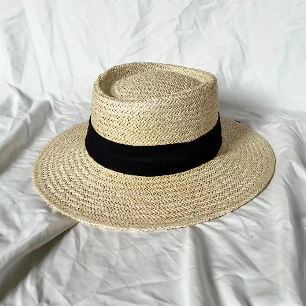Custom 2024 Hot Sale  Vintage Women Summer Telescope  Boater Beach Sun Hat Hand Weave Paper Straw Hat with Cotton Ribbon