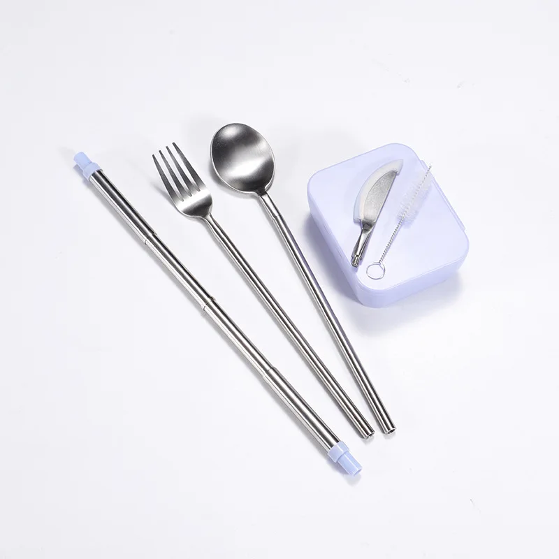 Portable Camping Stainless Steel Foldable Knife Spoon Fork Straw Travel Cutlery Set with Case