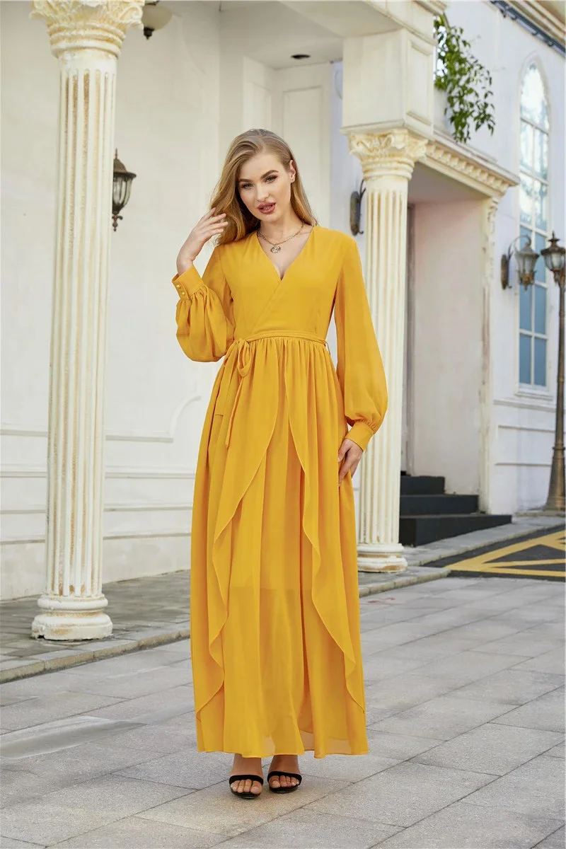 2021 New Womans Fashion Lady Yellow Chiffon Ruffle Ladies Maxi Long Dress Women Elegant Summer occasion Casual Dresses