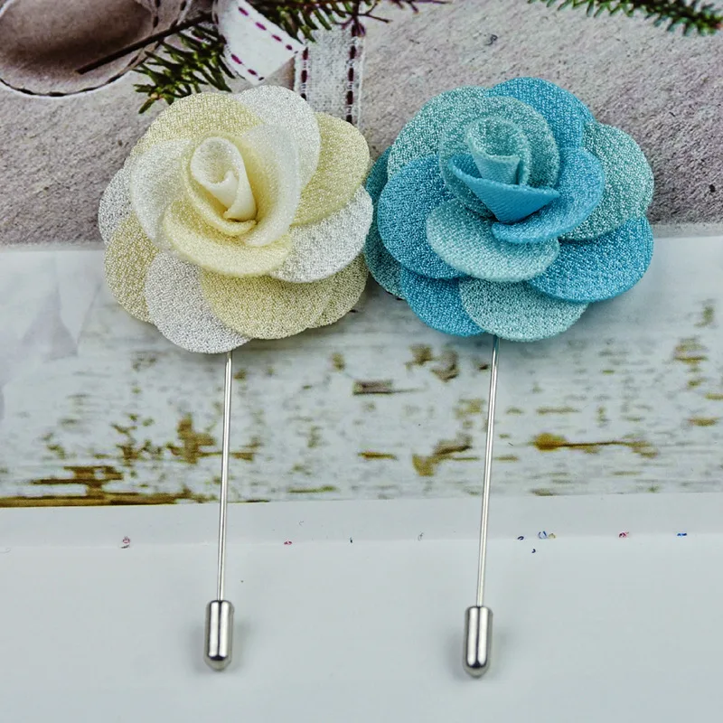 Wholesale Price Satin Flower Brooch Pink and Blue Flower Lapel Pin Custom Fancy Wedding Boutonniere camellia flower brooch