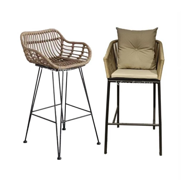 Wholesale Outdoor Furniture Restaurant Metal PE Rattan Bar Stool High Chair with Cushions Cheap Rattan Wicker Bar Stools