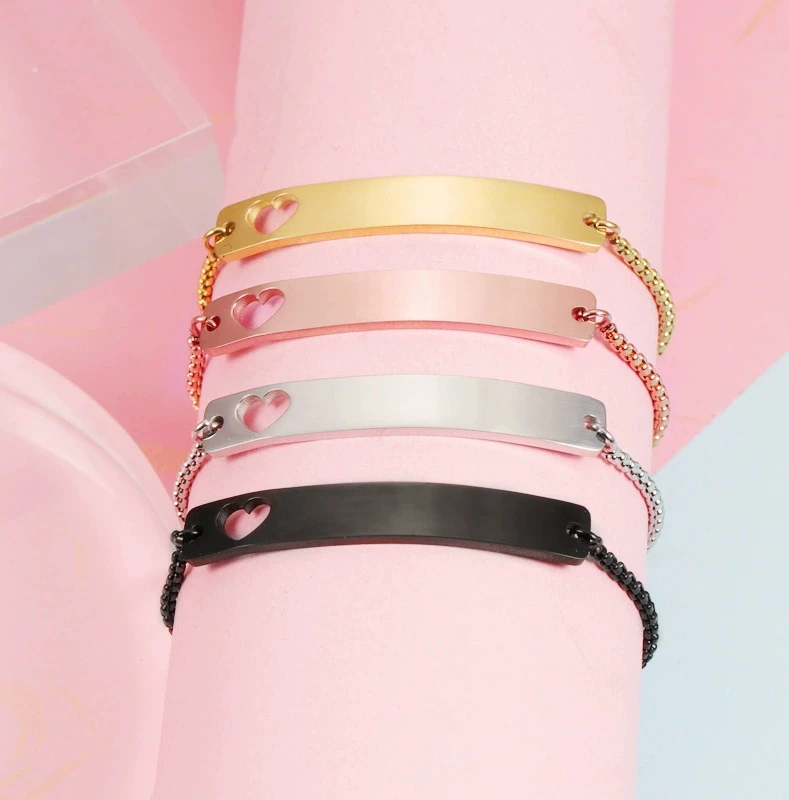 2023 fashionable rose gold black mirror polishing finished stainless steel butterfly logo engravable ID bar charm bracelet