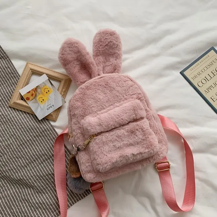 
Rabbit Fur Cute Backpack Women Bear Ears Mini Bag Ladies Small Backpack Korean Style Cute Plush Backpack Girl Lovely 