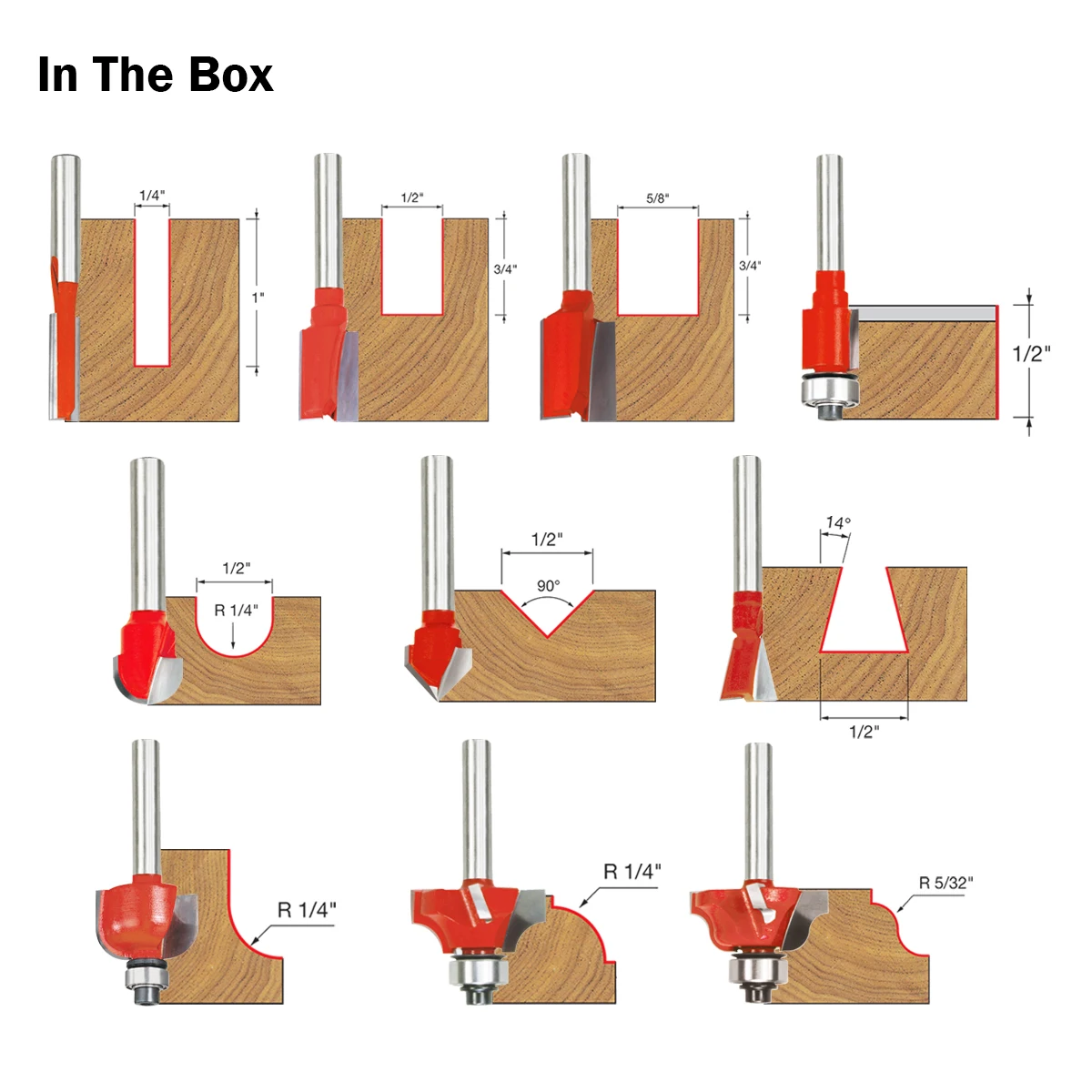 KSEIBI Router Bit Set 10-PC  Wood Milling Cutter 1/4' Shank