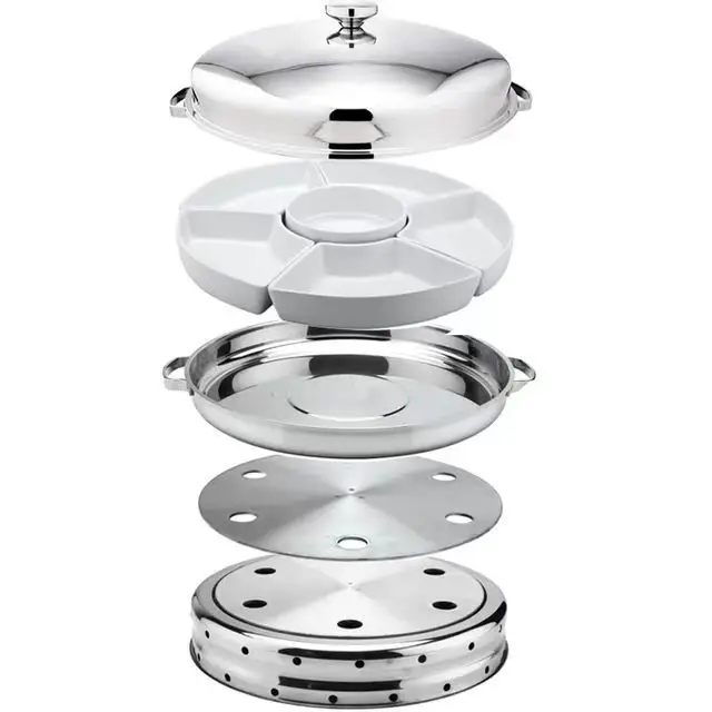 Best Selling Stainless steel Round rotary dinner stove Food insulation buffet plate Hotel round lid dinner stove ceramic divider