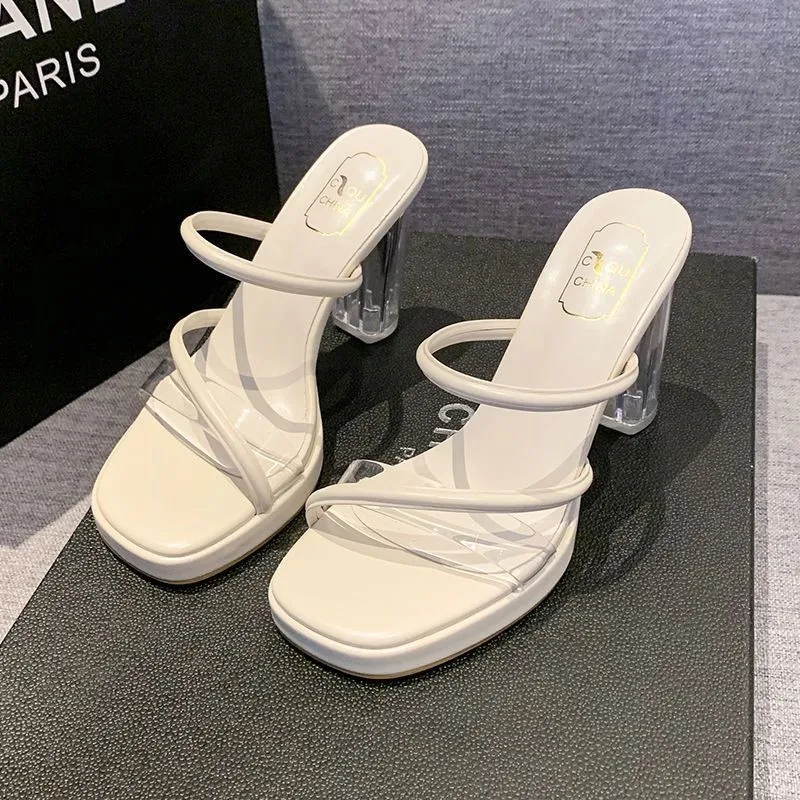 2024 Summer New Transparent High Heels One Strap Type Chunky Heel Outer Wear Crystal Heel Sandal Slippers