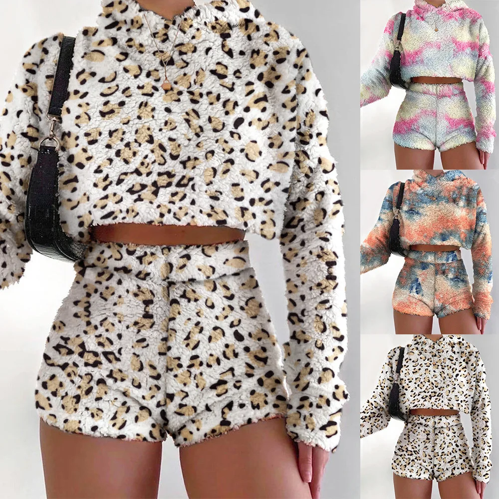 Fall Winter Warm Thick Lounge Wear Long Sleeve Plush Fuzzy Tie Dye Leopard Print Hooded Shorts Long Sleeve Velvet Two Piece Set