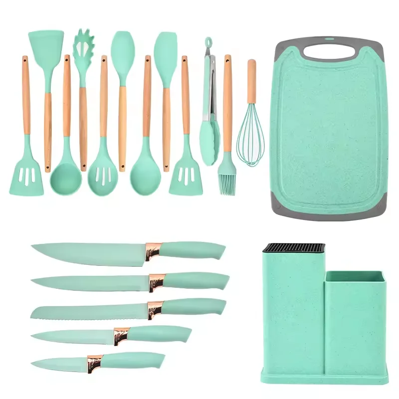 Hot Sale Silicone non-stick kitchenware set 19 pieces kitchen utensils set silicone with wood handle
