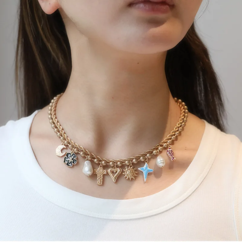 European And American Fashion Multi Pendant Medieval Necklace Female Copper Bead Chain Twine Chain Enamel Dripping Oil Sun Cross