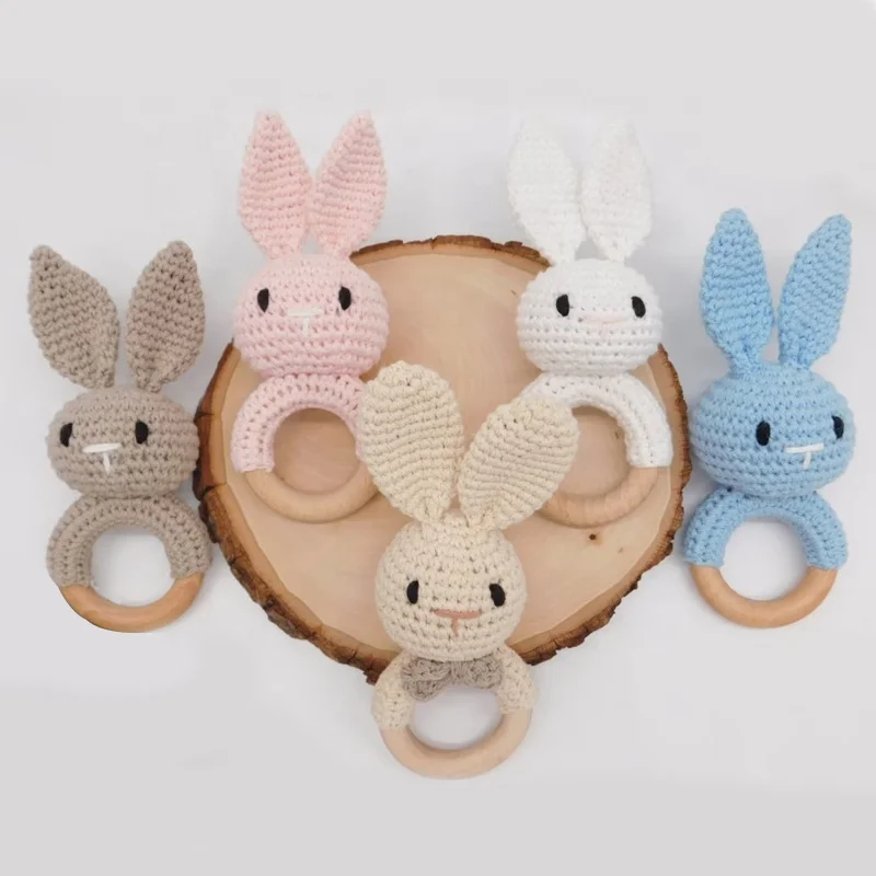 Wholesale Soft Rattle Wooden Crochet Bunny Toys for Newborn Baby Gift With Various Colors